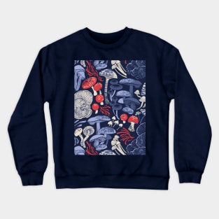 Mystical fungi // midnight blue background blue and red wild mushrooms Crewneck Sweatshirt